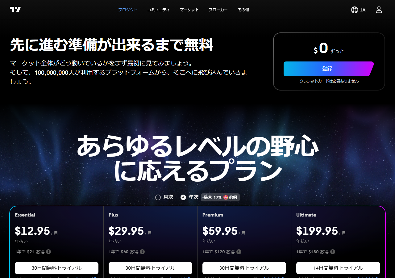 TradingView の料金プラン｜無料プランと有料プランの比較